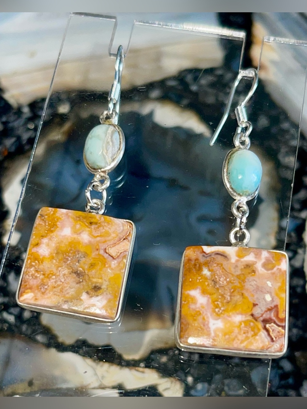 Crazy Lace Agate & Larimar Earrings 2”